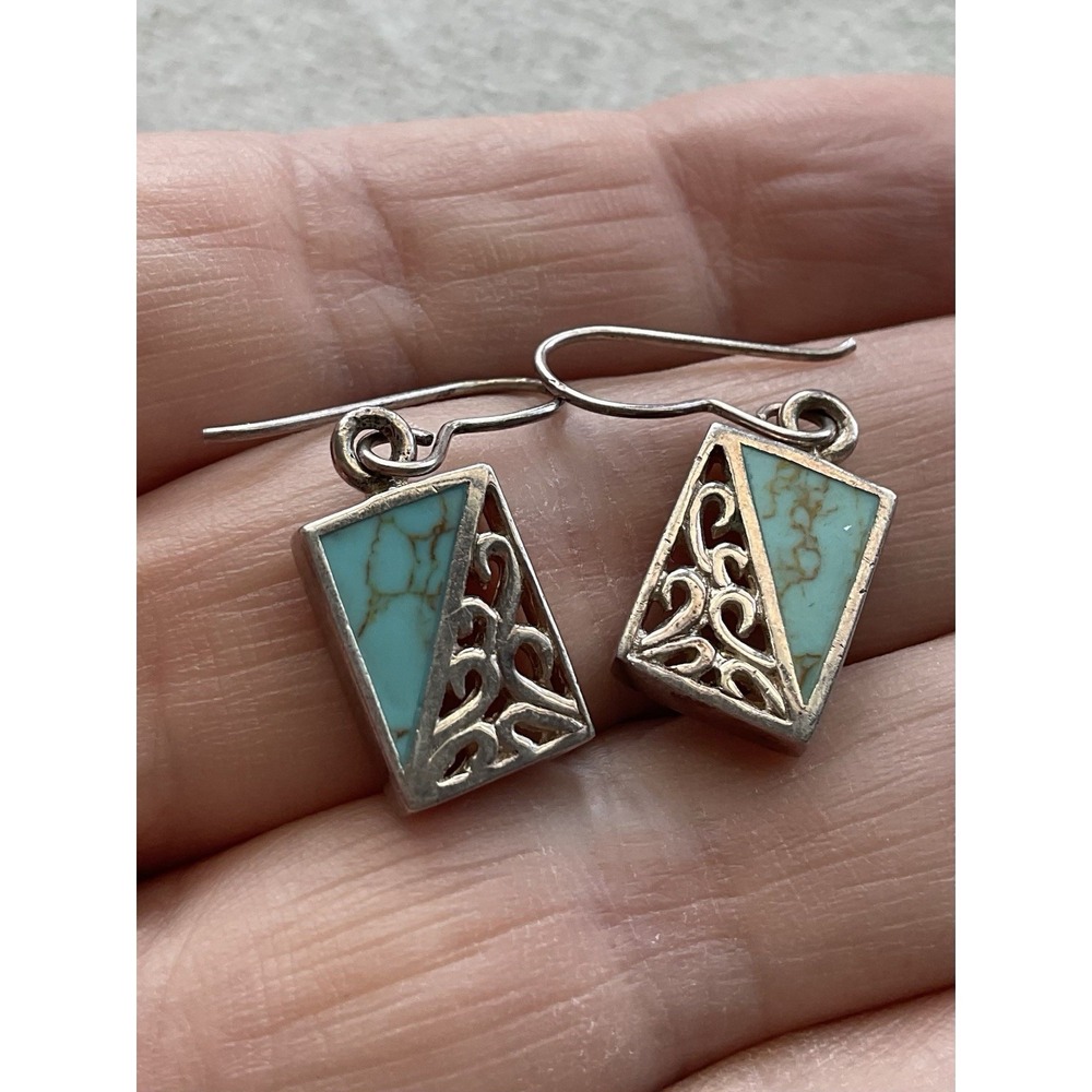 Vintage 925 Sterling Silver Dangle Earrings Turquoise Color Stones Estate Jewelr